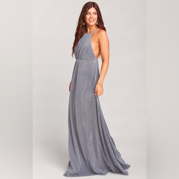 Show Me Your MuMu Dress NWT BRIDESMAID Amanda Maxi Slit Dancin Queen Shine Smoke - Picture 2 of 16